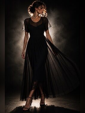 Vintage DKNY Black Sheer Chiffon Pleated Maxi Dress Sz 4 Lawn Party Resort Luxe